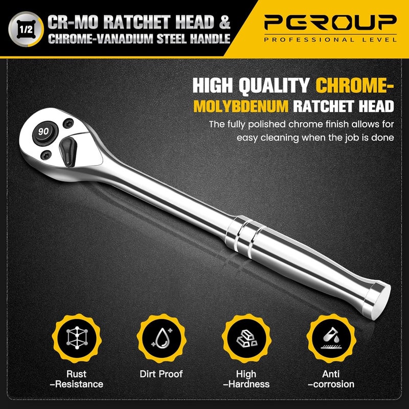 pgroup 1/2-Inch Drive Ratchet Wrench, 90-Tooth Quick-release Reversible Ratchet Wrench with an Extension Bar(3 inch), 10" Long Socket wrench, 4-Degree Swing, Full Polished, Cr-Mo Head For Gifting, Repairing - Image 4